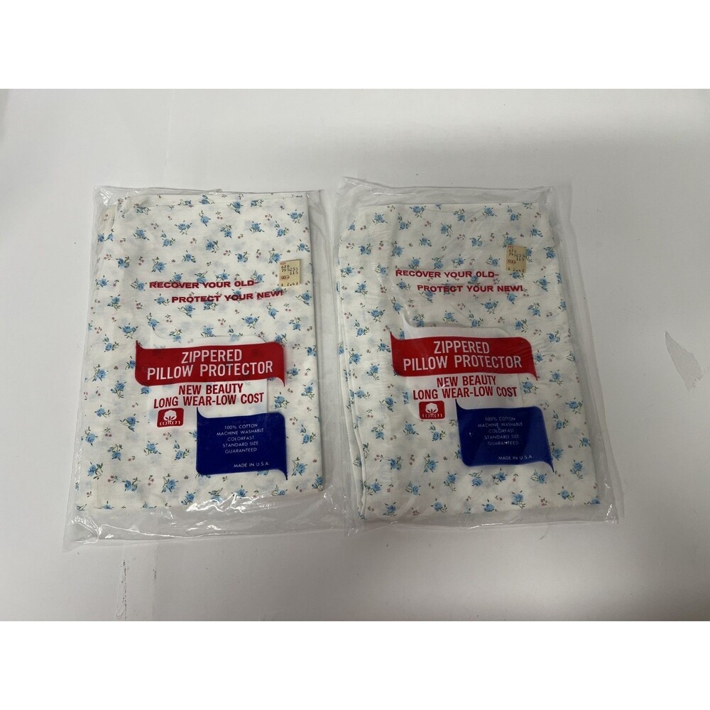 2 Pillow Protectors Vintage 1960s blue white Floral Zippered New NOS U.S.A.